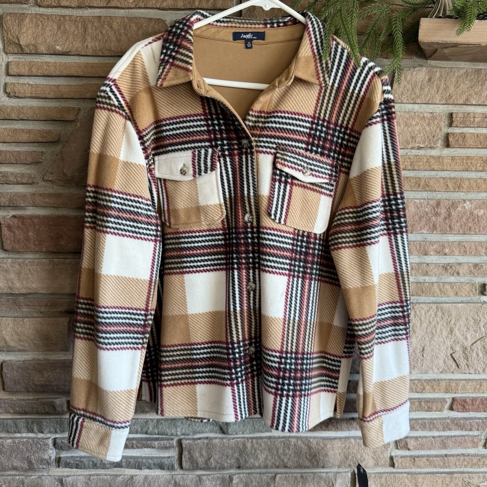 Angels Plaid Long‎ Sleeve Shirt Jacket Women's Size M Brown Red Blk Wht NWT